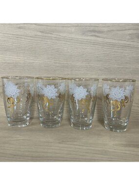 Gold & White Rose Bouquet Clear Glass Tumblers Set Of 4 Vintage 5.25"H